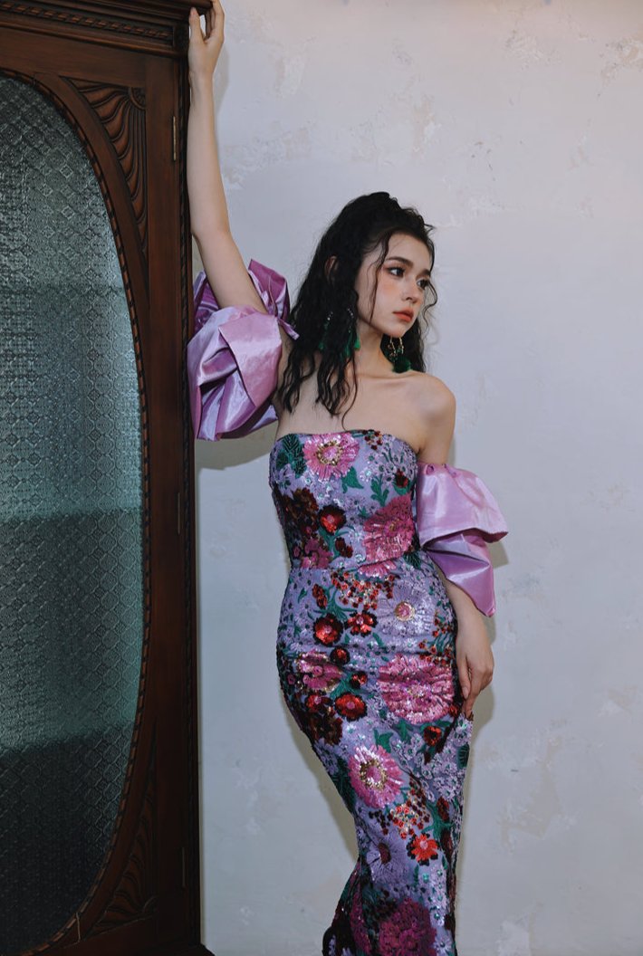 DOLLY Luxury Retro Purple Floral Embroidered Tube Top Long Sequin Party Dress-JOY