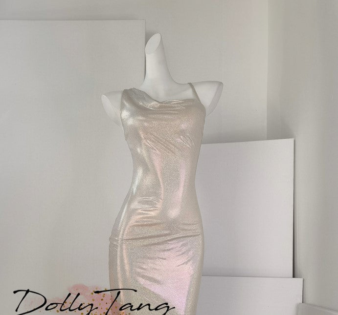 DOLLY Luxury Sliver Sleeveless Glitter Slim Fit Long Banquet Dress-SWATTIE