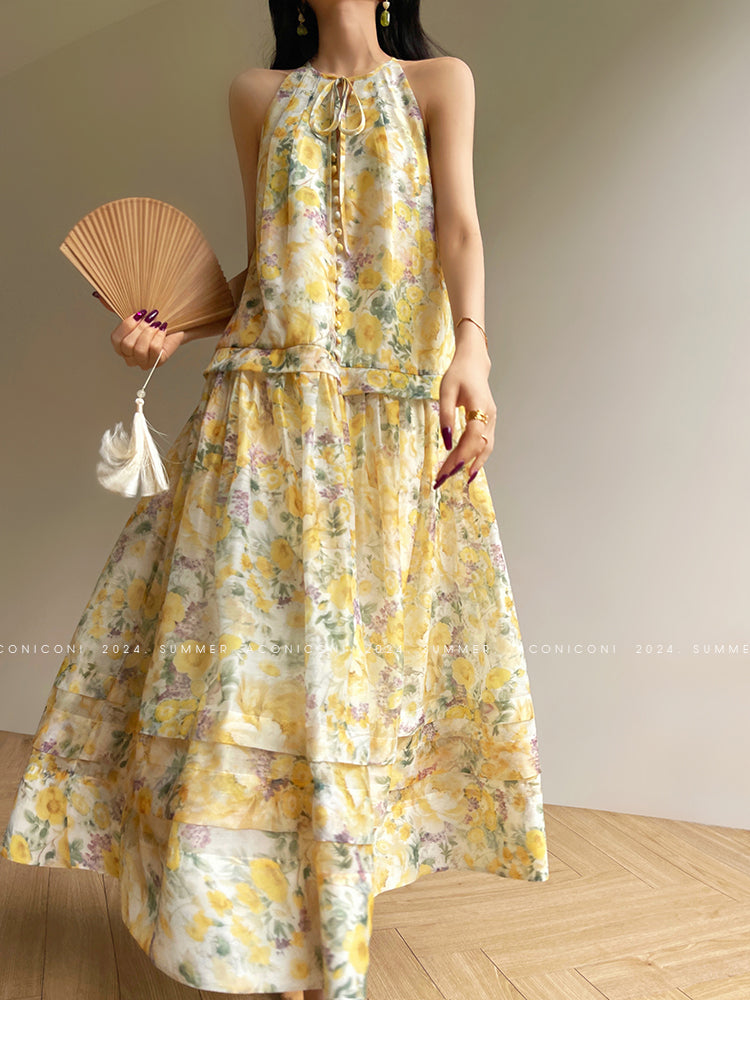 Aconiconi Elegant French Print Crew Neck Sleeveless Loose Summer vacation Dress-Blossom