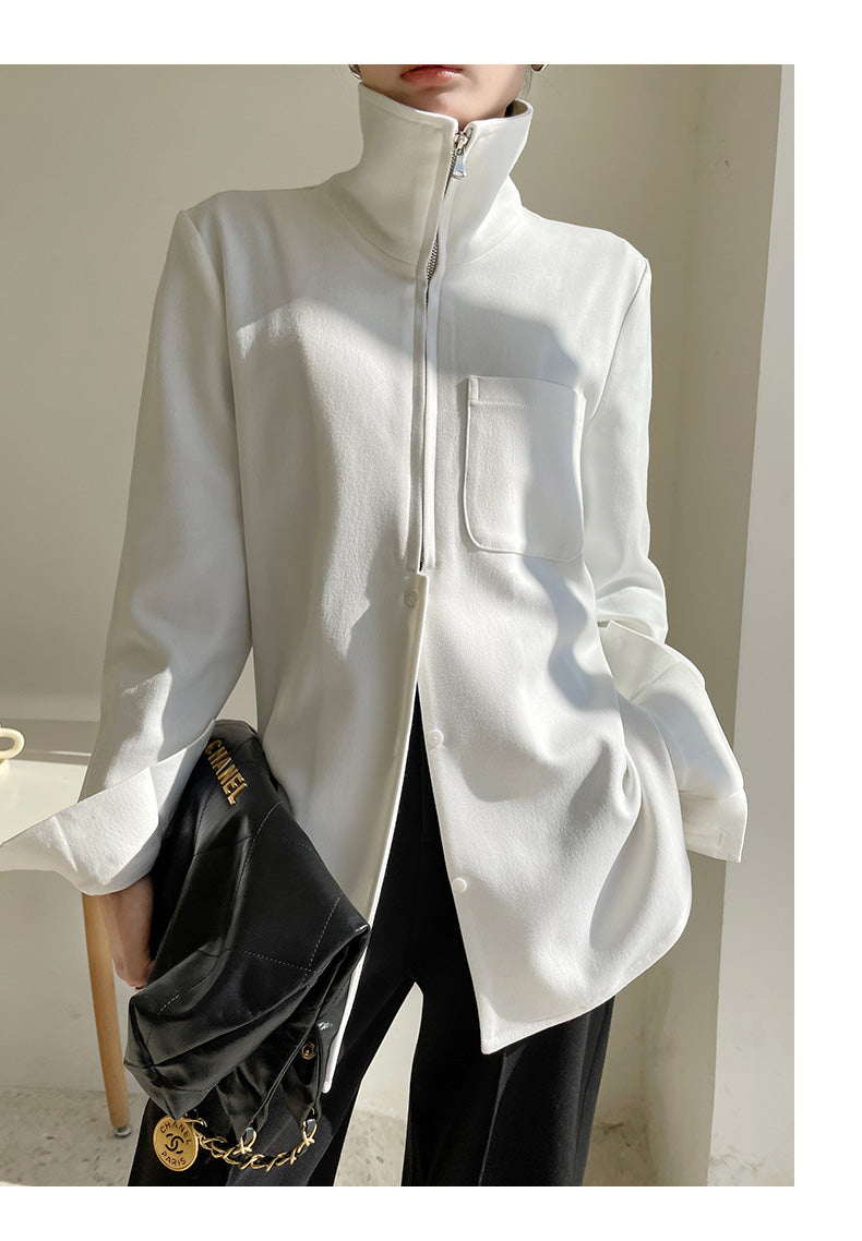 Half zipper white shirt women's autumn shirt- Tiloba