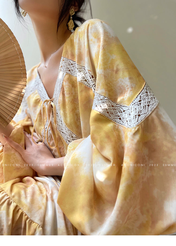 Aconiconi Luxury Yellow V-Neck Print Long Sleeve Loose Resort Dress- Huaye Mucheng