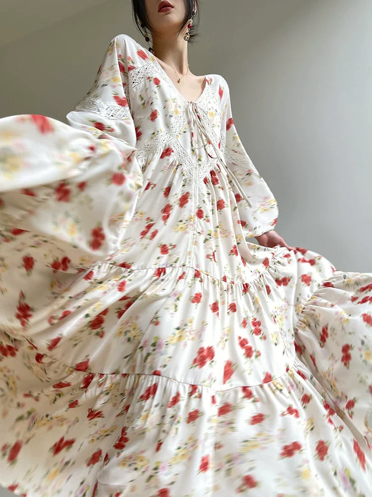 Aconiconi Luxury Yellow V-Neck Print Long Sleeve Loose Resort Dress- Huaye Mucheng