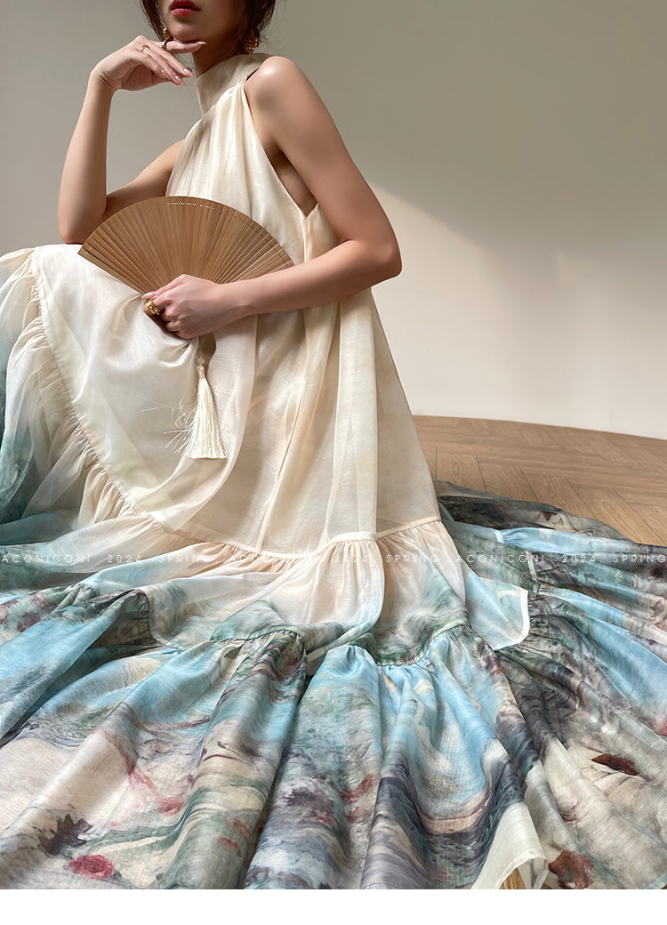 Aconiconi| Louvre Picture Reflection printed halter neck maxi skirt vacation dress - Miinia