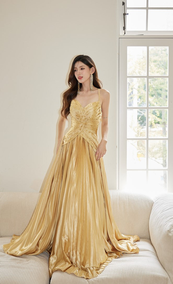 DOLLY Elegant Gold Sleeveless Beaded Pleated Large Swing Dress-GRACIA (V)
