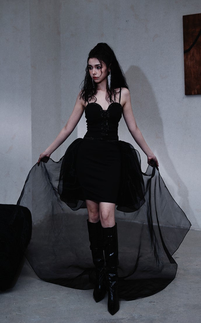 DOLLY Elegant Retro Black V-Neck Sleeveless High Waist Ribbon Cocktail Dress-BAMBI (V)