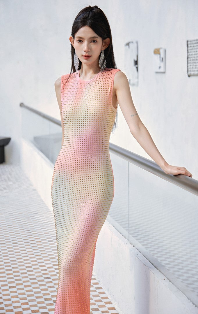 DOLLY High End Crew Neck Sleeveless Pink Gradient Dress-KILA