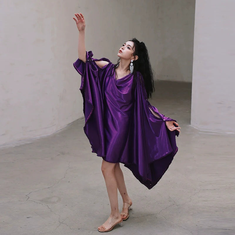 dark purple satin dress DOLLY Elegant Deep Purple Off Shoulder Swing Collar Short Party Dress-PREETI L / Purple