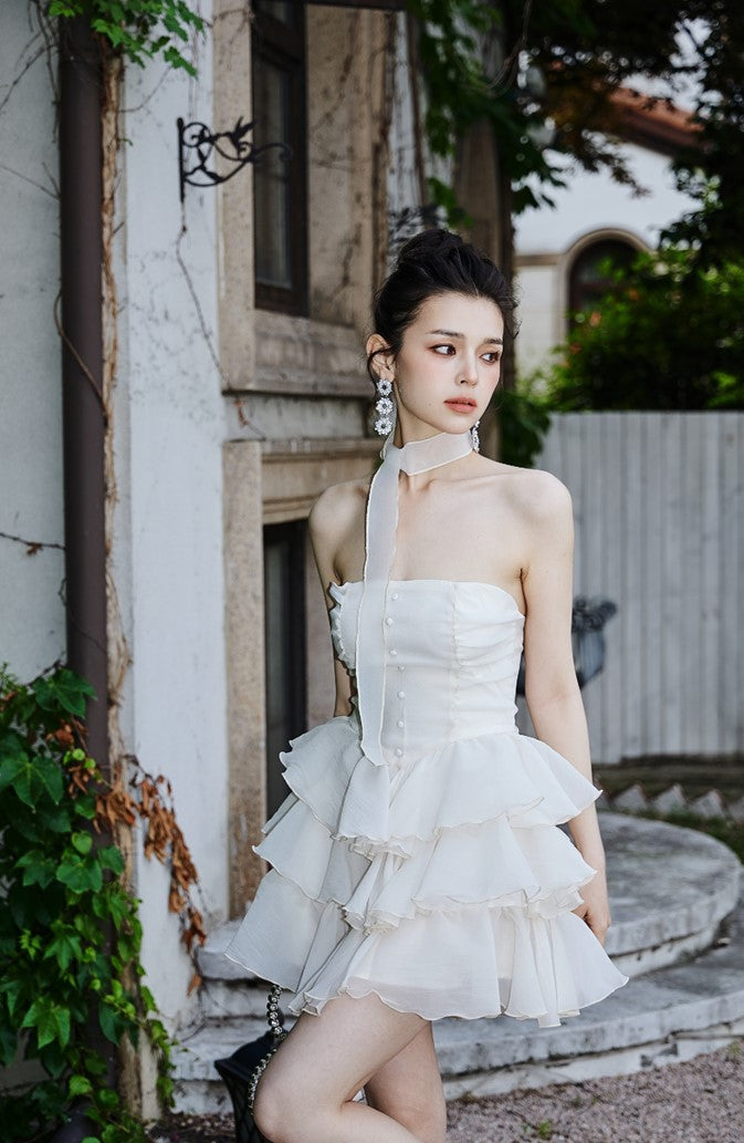 Dolly Elegant Cream Colored Tube Top Fluffy Ruffle Birthday Dress-ANDORA S / Blue Dolly Elegant Cream Colored Tube Top Fluffy Ruffle Birthday Dress-ANDORA S / Blue