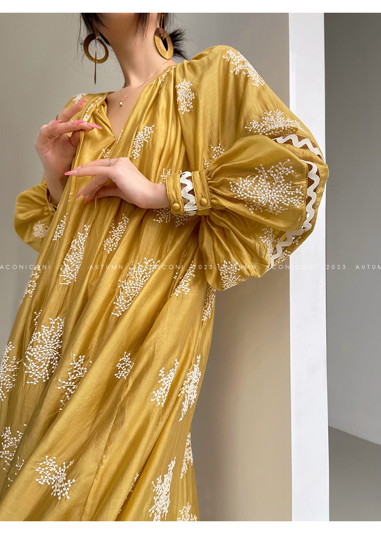 Aconiconi Light French Loose Slouchy Lace Balloon Sleeve Dress - Sunset