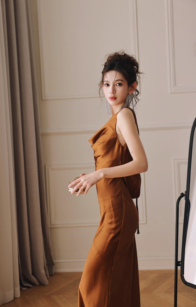 DOLLY Elegant Brown Retro Sleeveless Halter Neck Long Cocktail Dress-GIDDY