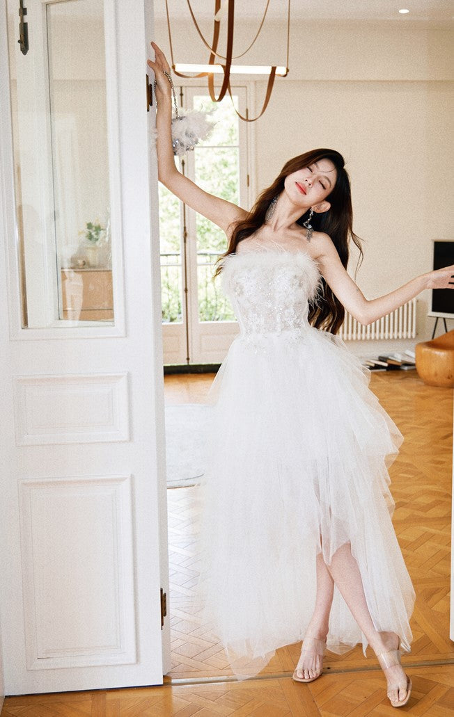 DOLLY Elegant White French Style Feather Chest Wrap Wedding Dress-MARIA (V)