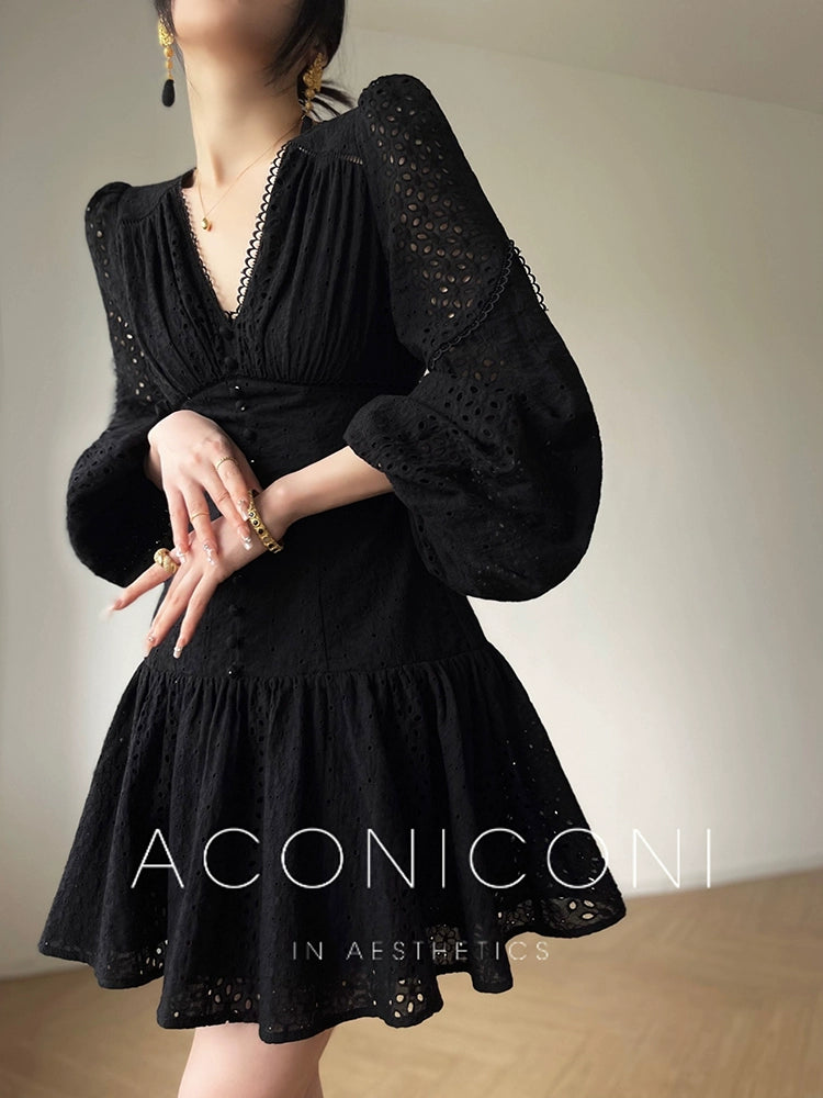 Aconiconi| French coffee break lace cotton white dress - Smoke