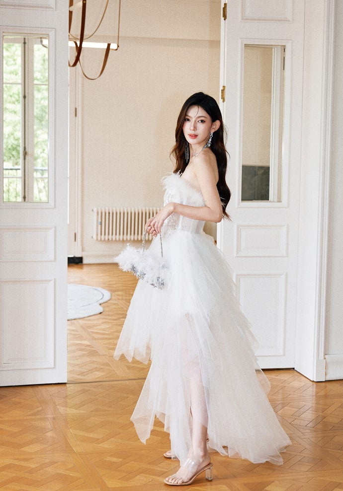 DOLLY Elegant White French Style Feather Chest Wrap Wedding Dress-MARIA (V)