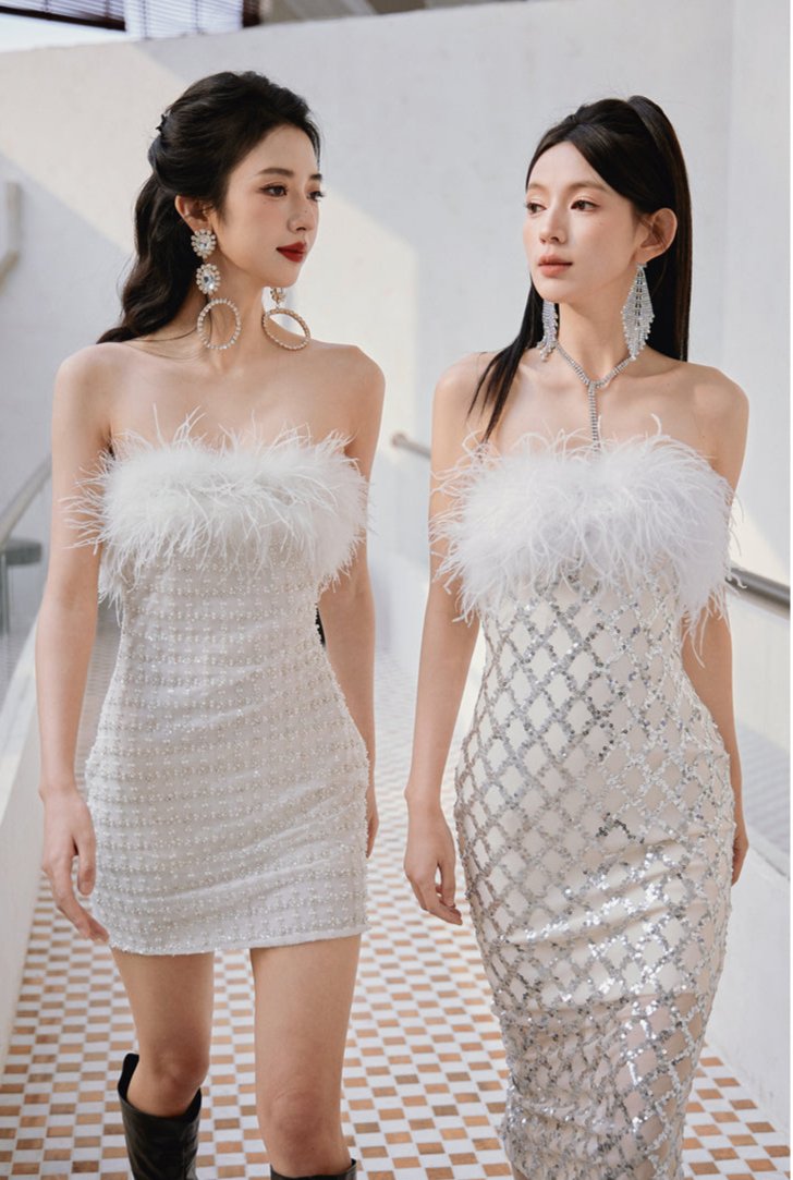 DOLLY Elegant White Feather Strapless Bandeau Birthday Dress- Julia