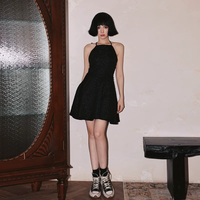 DOLLY Luxury Black Bow Halter Neck Backless High Waist Short Birthday Dress-Crystal