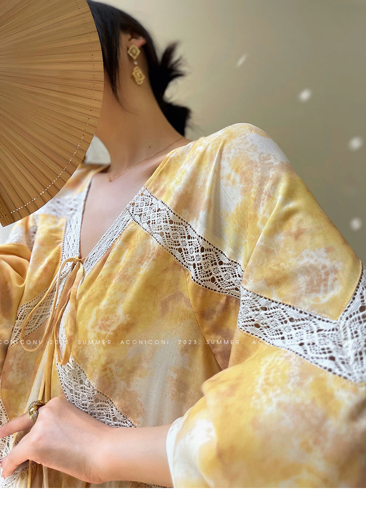 Aconiconi Luxury Yellow V-Neck Print Long Sleeve Loose Resort Dress- Huaye Mucheng
