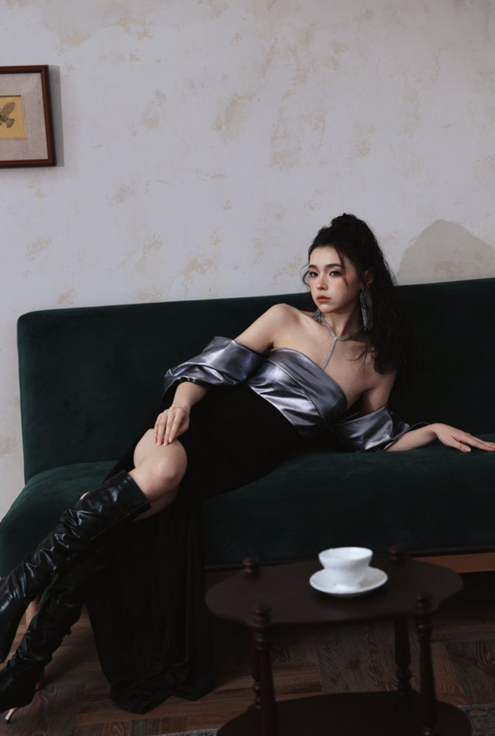 DOLLY High End Sliver/Black Off Shoulder strapless Long Cocktail Dress-MILAN