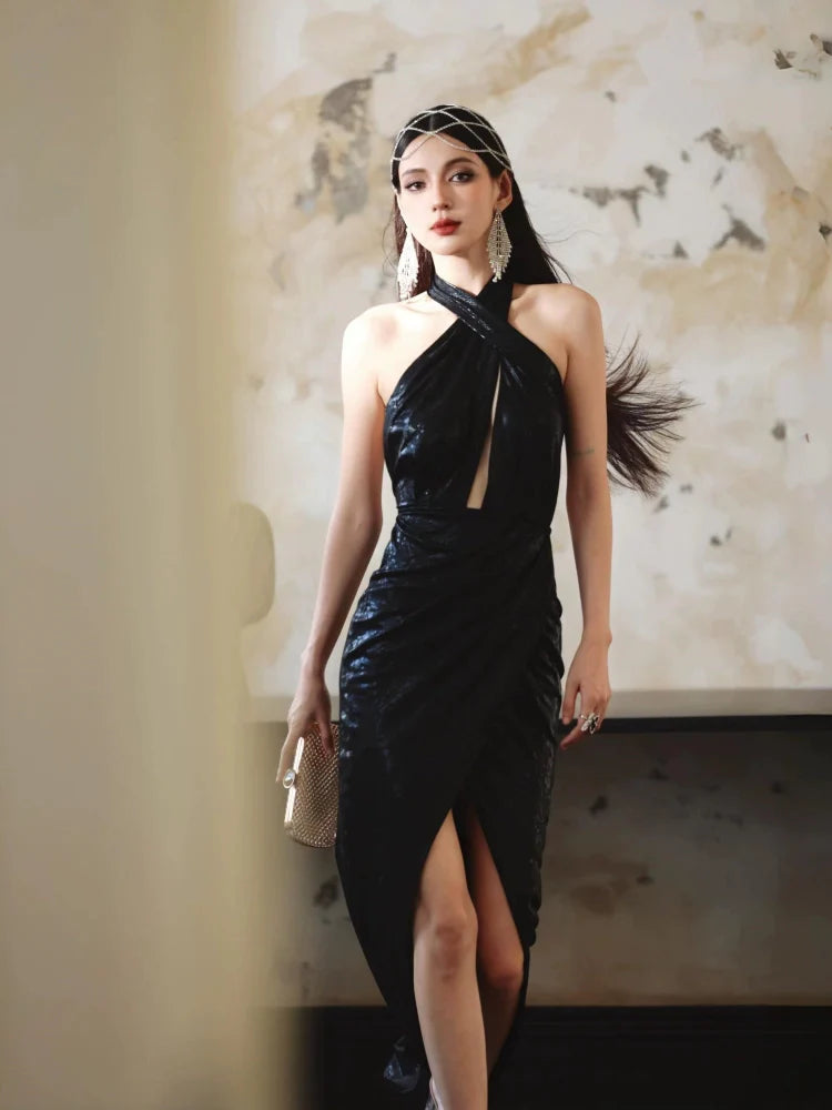 DOLLY Elegant Black Sleeveless Halter Neck Midi Slit Party Dress-Neya.