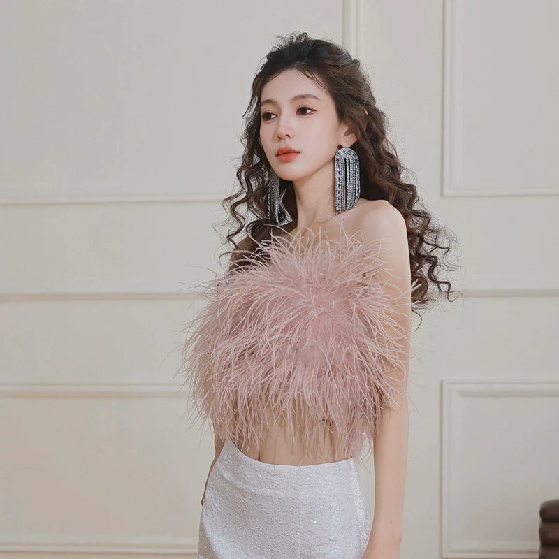 DOLLY Elegant Pink Fluffy Ostrich Feather Chic Tube Top-EMMA