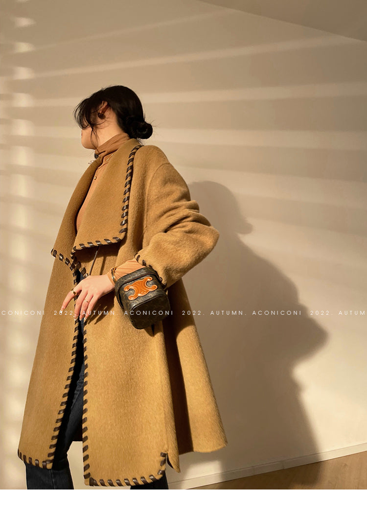 Aconiconi| Full wool coat classic double-sided wool woven belt coat -Nocturne