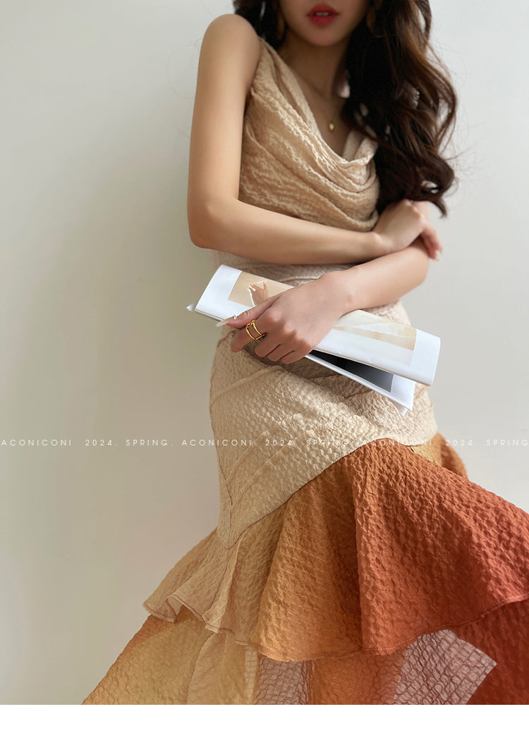 Aconiconi Luxury Sleeveless cowl neck ombre pleated hem Dress- Long Island Iced Tea