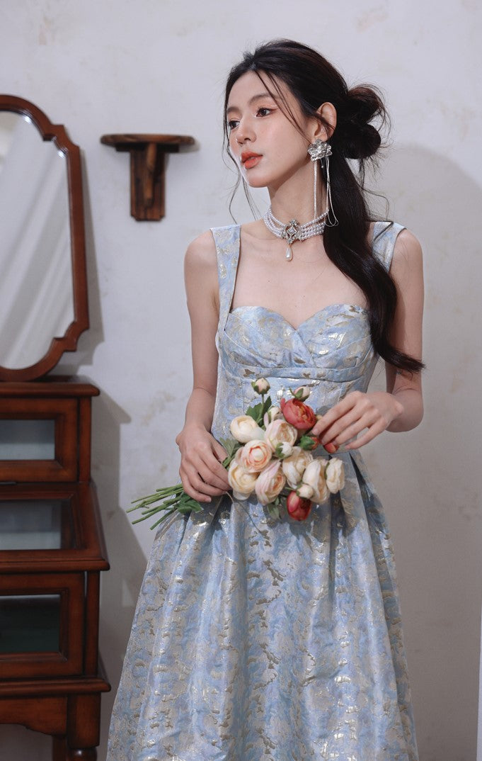 DOLLY Elegant Light Blue French High Waist Long A-Line jacquard Dress- Piere