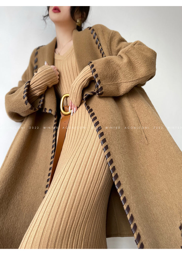 Aconiconi| Full wool coat classic double-sided wool woven belt coat -Nocturne