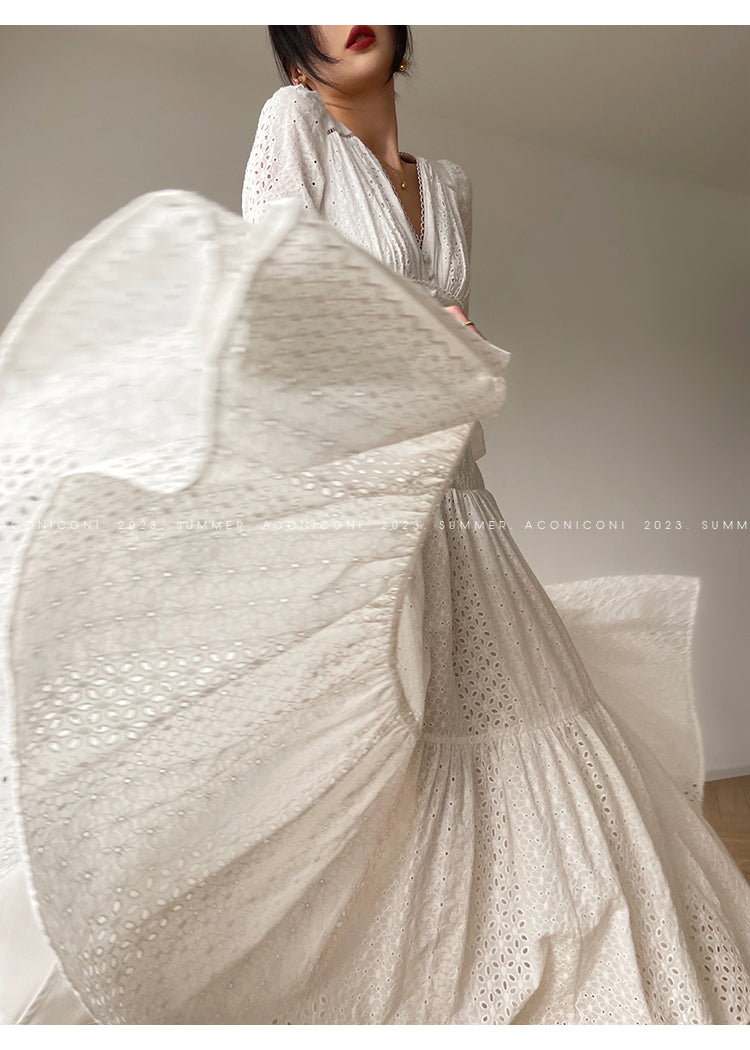 Aconiconi| French coffee break lace cotton white dress - Smoke