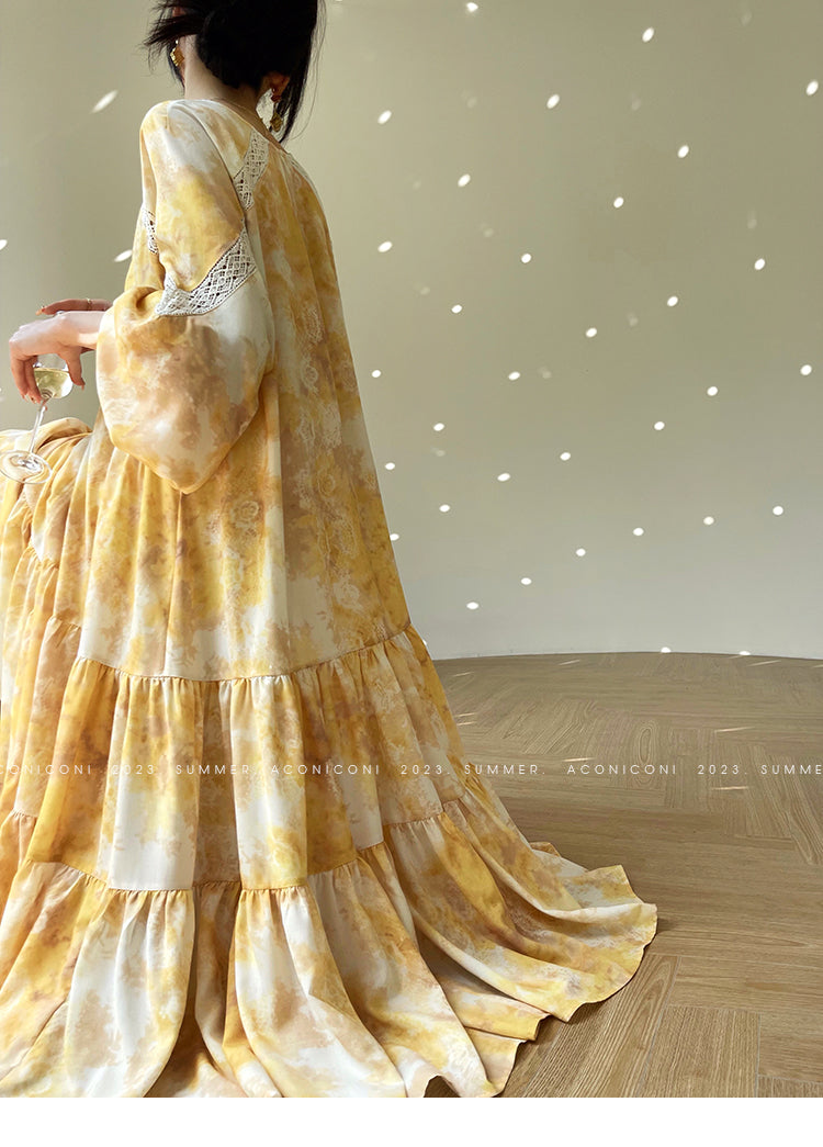 Aconiconi Luxury Yellow V-Neck Print Long Sleeve Loose Resort Dress- Huaye Mucheng
