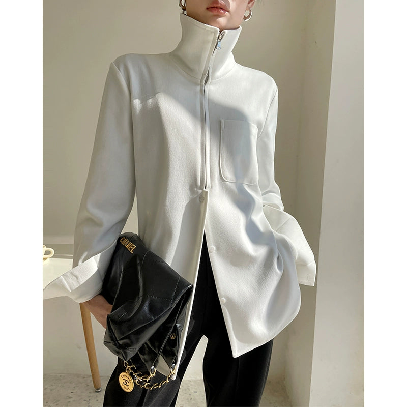 Half zipper white shirt women's autumn shirt- Tiloba