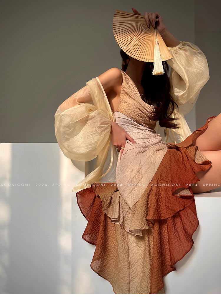 Aconiconi Luxury Sleeveless cowl neck ombre pleated hem Dress- Long Island Iced Tea