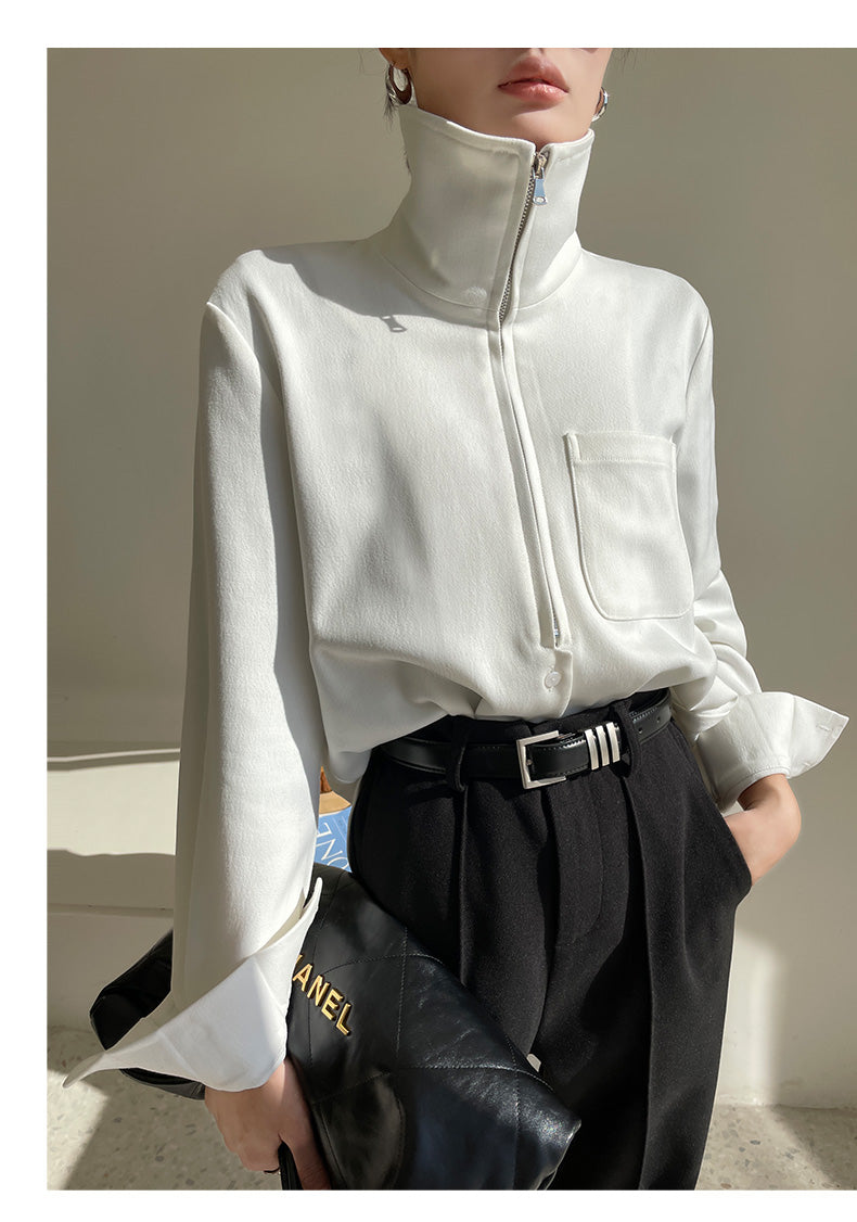 Half zipper white shirt women's autumn shirt- Tiloba