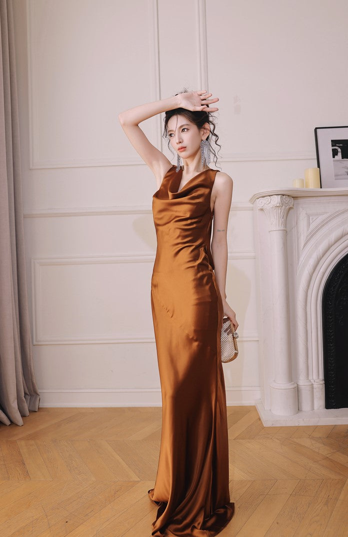 DOLLY Elegant Brown Retro Sleeveless Halter Neck Long Cocktail Dress-GIDDY