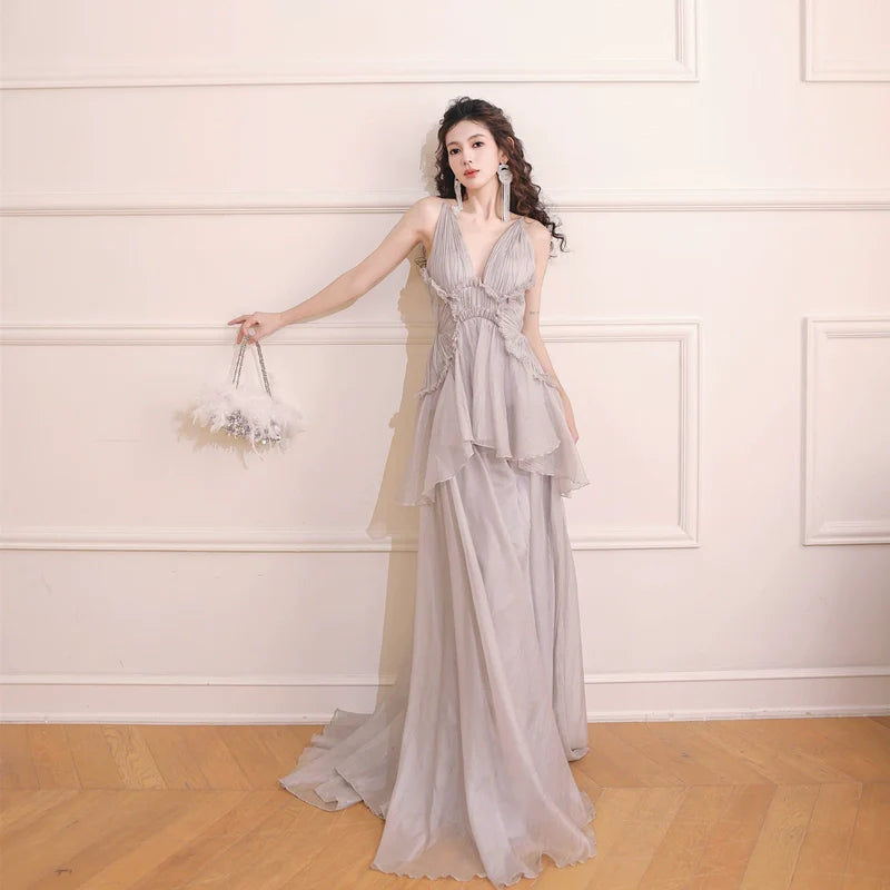 DOLLY Elegant Gray V-Neck Sleeveless Pleated Bandage Banquet Dress-MENA