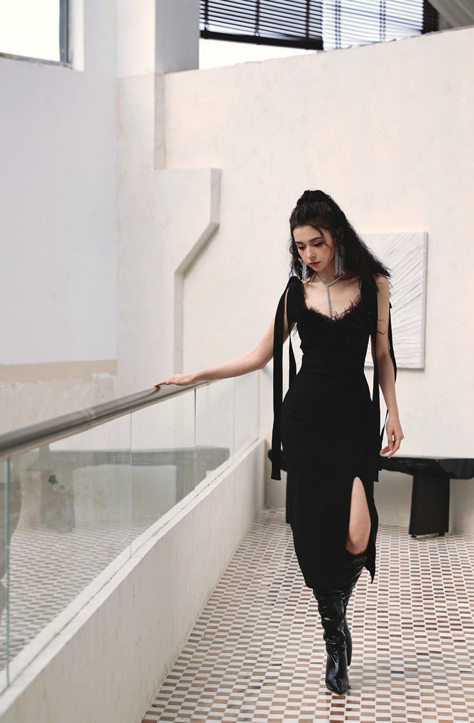 DOLLY Elegant Black French Style Body Shape Suspender Dinner Dress-LENA (V)