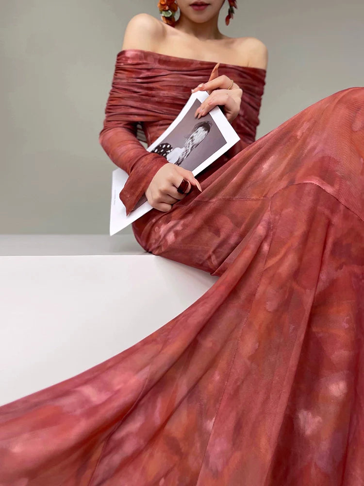 Aconiconi Luxury maxi fish Skirt Off shoulder top - Amber Sweet Tea