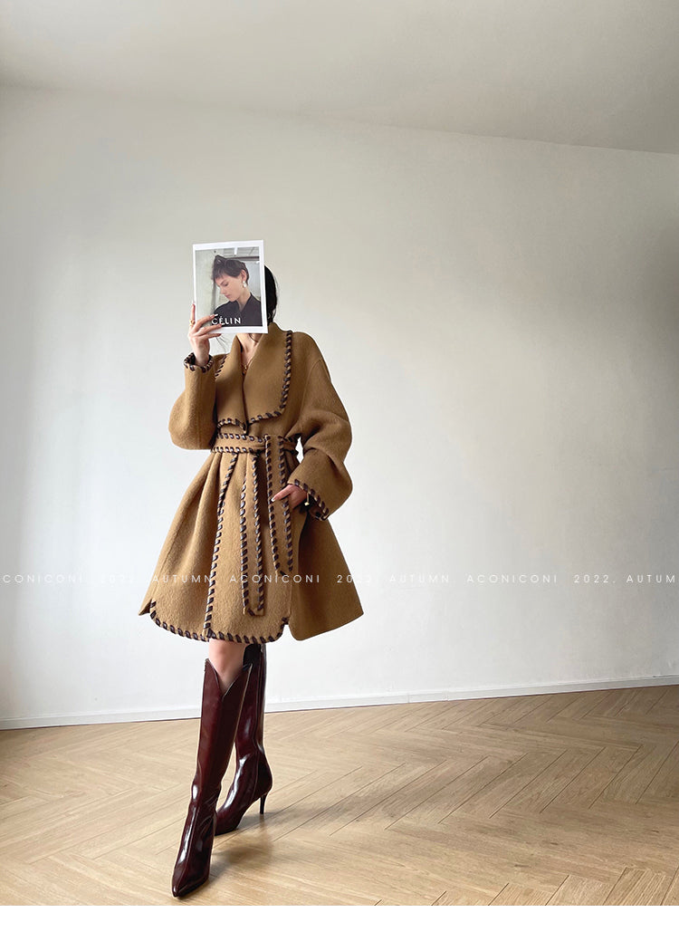Aconiconi| Full wool coat classic double-sided wool woven belt coat -Nocturne