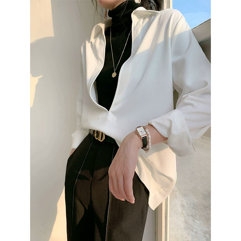 White V-neck v neck shirt long-sleeved shirt -Mmia