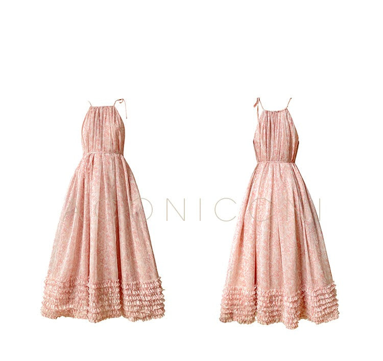Aconiconi| halter-neck summer broken flowers vacation holiday style fairy dress - cherry blossom