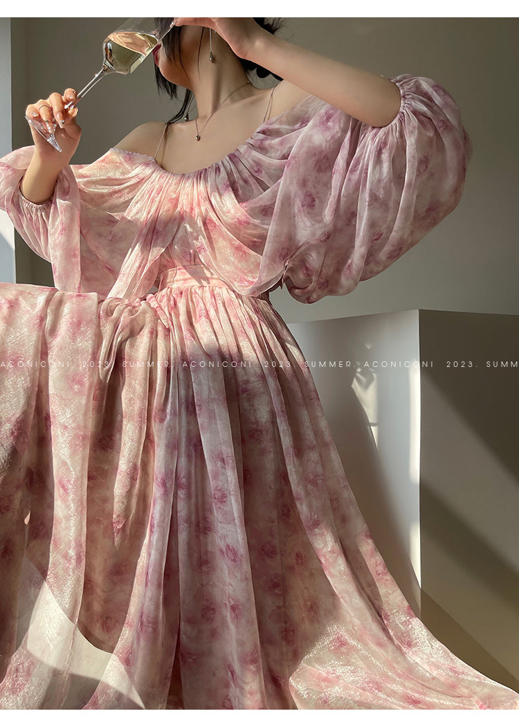 Aconiconi| Slip Off-the-Shoulder Top Skirt - Flower fairy