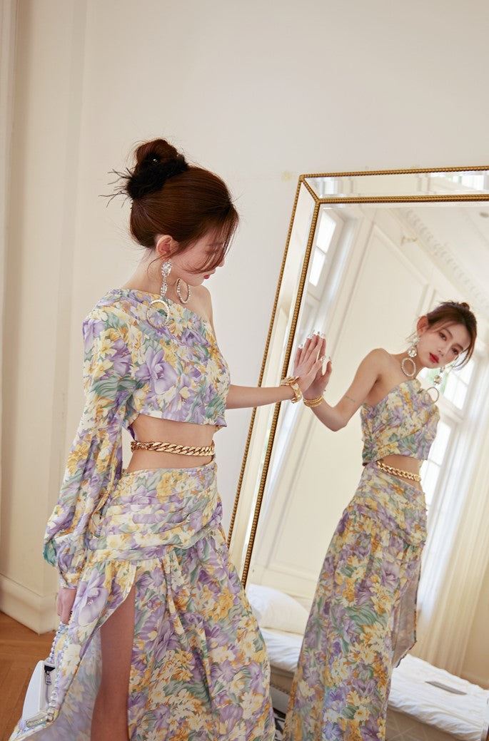 DOLLY Luxury Floral One Sleeve Off Shoulder Waist Baring Slit Resort Dress-LYRA