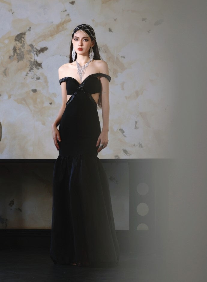 DOLLY High End Black Off Shoulder Sequin Tube Top Long Banquet Dress-Maris