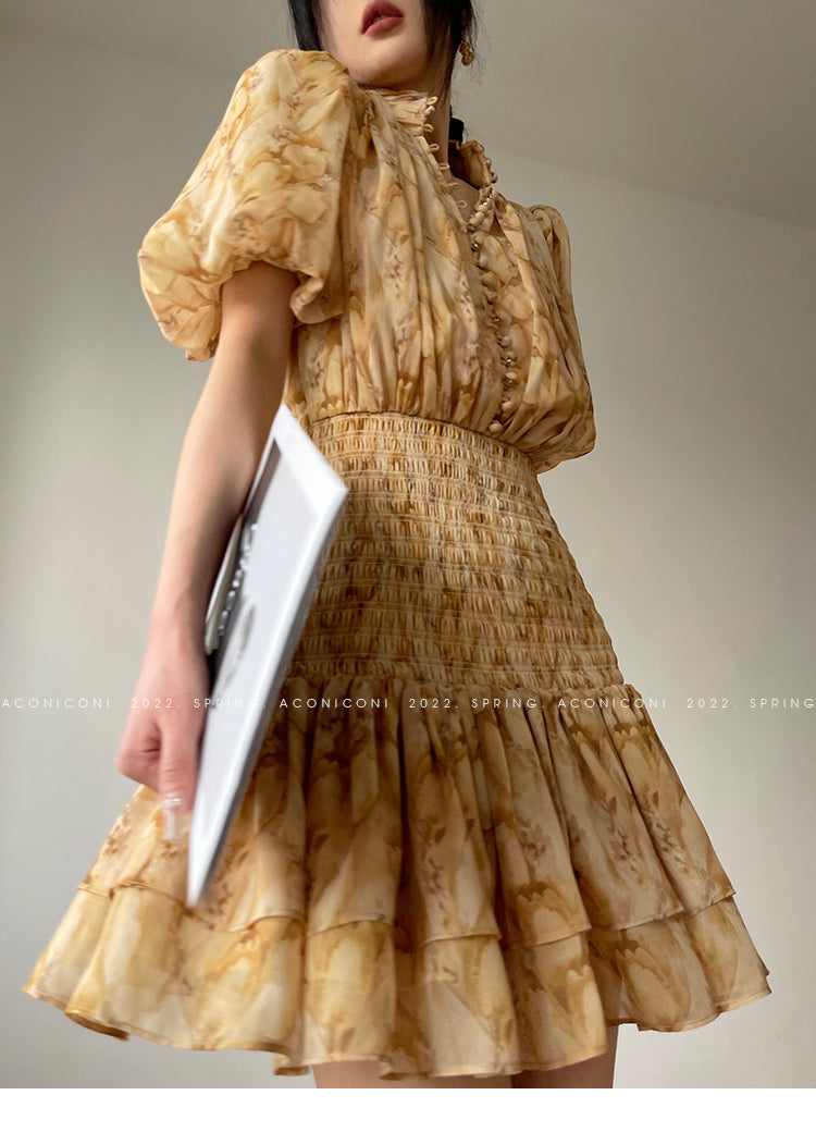 Aconiconi V-Neck Short Sleeve Dress- Pineapple Tower