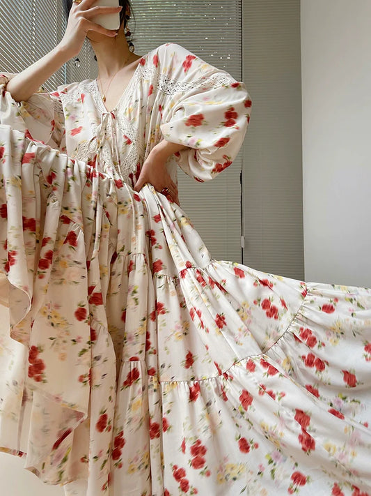 Aconiconi Luxury Yellow V-Neck Print Long Sleeve Loose  Resort Dress- Huaye Mucheng