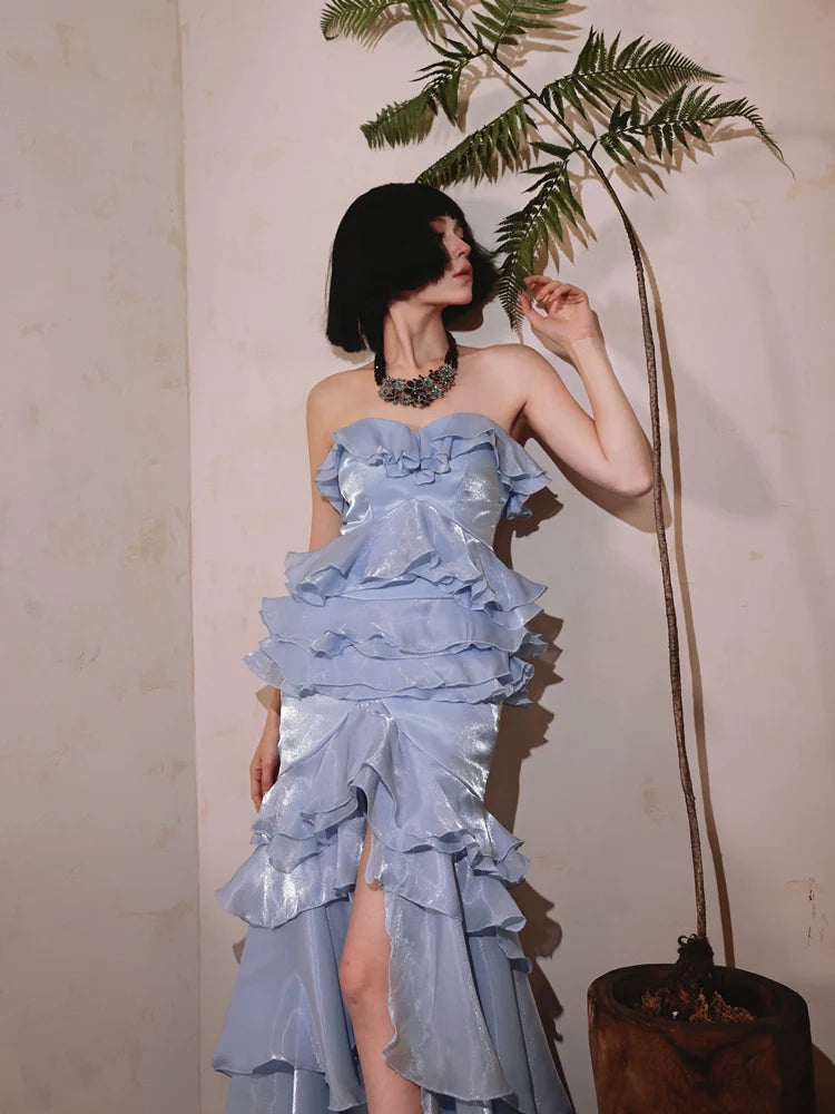 DOLLY High End Blue Chest Wrap Sleeveless Long Slit Ruffle Banquet Dress-MEHEK