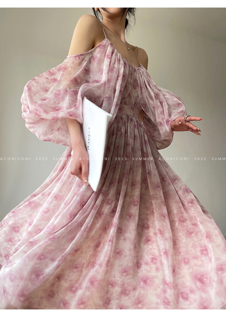 Aconiconi| Slip Off-the-Shoulder Top Skirt - Flower fairy