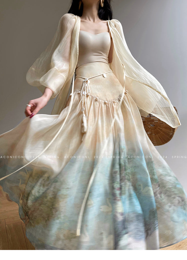Aconiconi| Louvre Picture Reflection printed halter neck maxi skirt vacation dress - Miinia