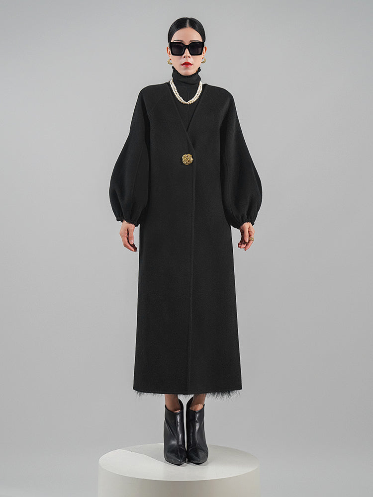 Huanzi designer double-sided cashmere coat mid-length contrast autumn winter wool coat - Time
