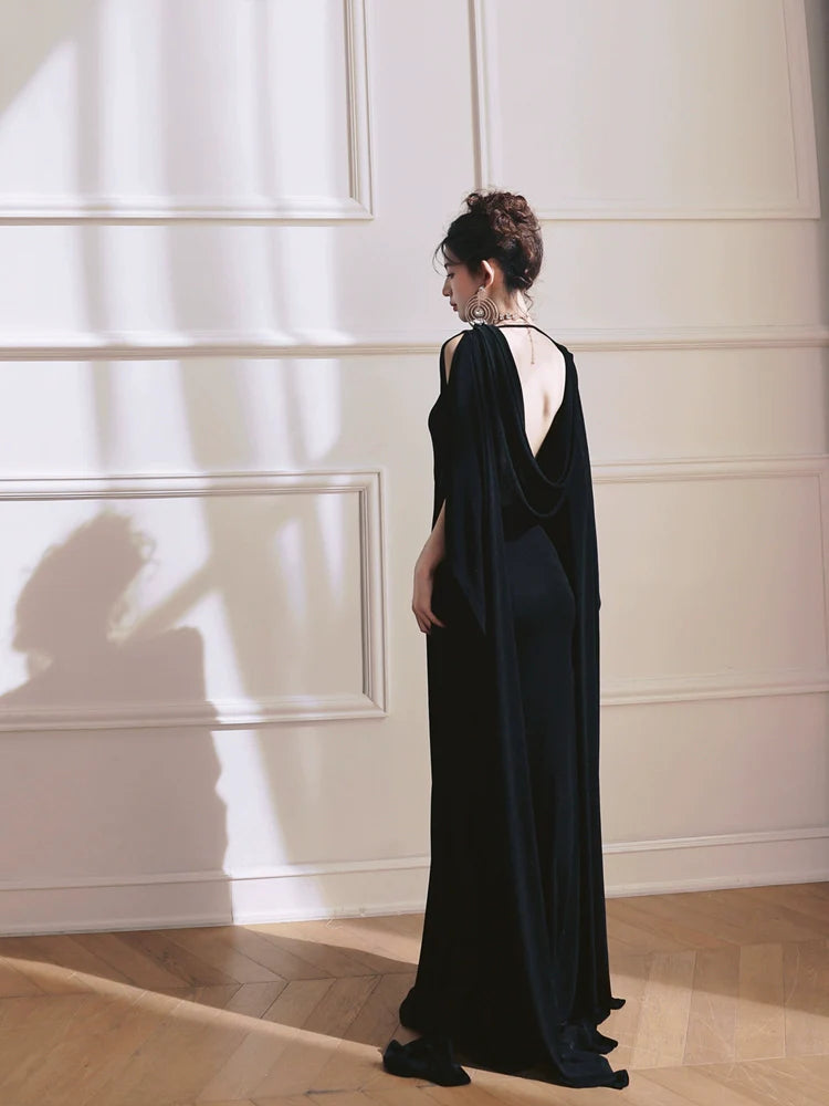 DOLLY Elegant Black Swing Collar Sleeveless Open Back Drape Dress-Kaka (V)