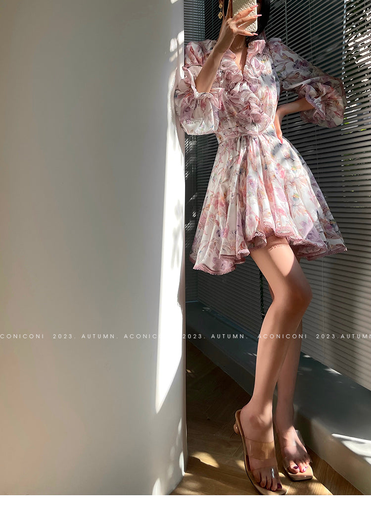 Aconiconi| High end designer printed top shirt + A-line skirt suit - Hyacinth